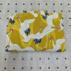 /『鶴』ハンドメイド マスクケース イエロー 和柄 白 布製 携帯