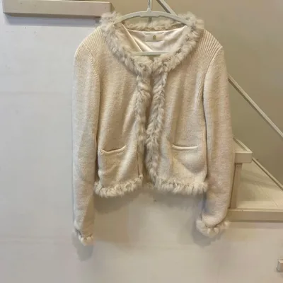 LE SOUK ファー付きニットカーディガン アイボリー