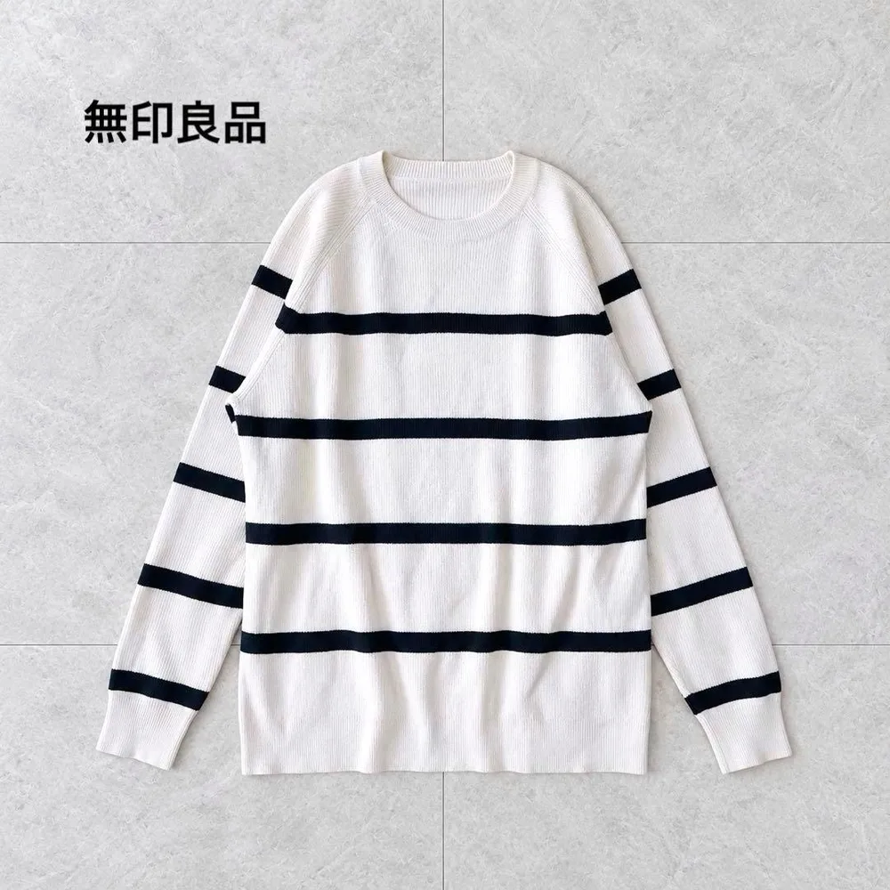 無印良品 ボーダー リブニット L アイボリー ネイビー 長袖 クルーネック