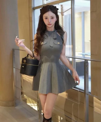 美品♡Darich ネックリボンプリーツニットミニワンピースGRY FL