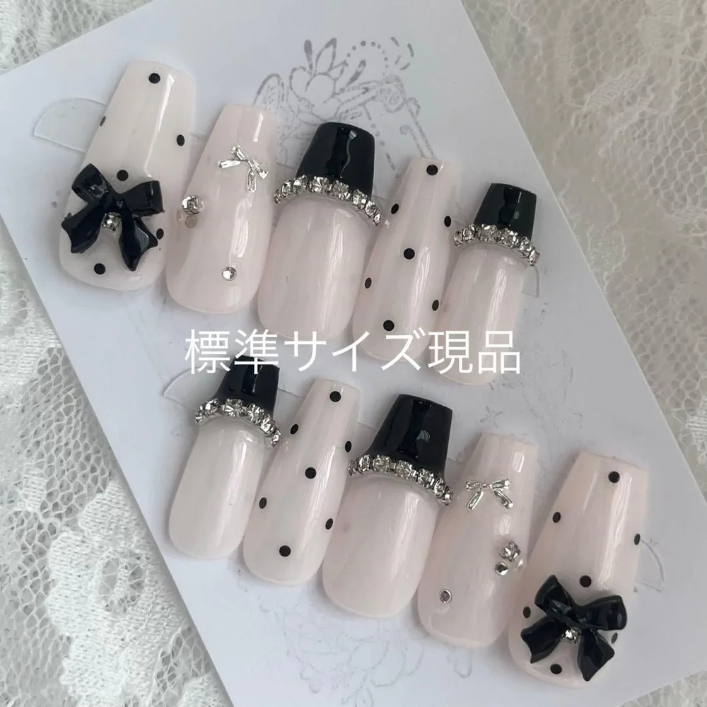 【ネイルチップ現品】ピンクブラック韓国成人式y2kバレリーナリボンガーリードット