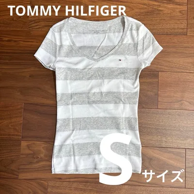 TOMMY HILFIGER ボーダー Vネック Tシャツ Sサイズ グレー