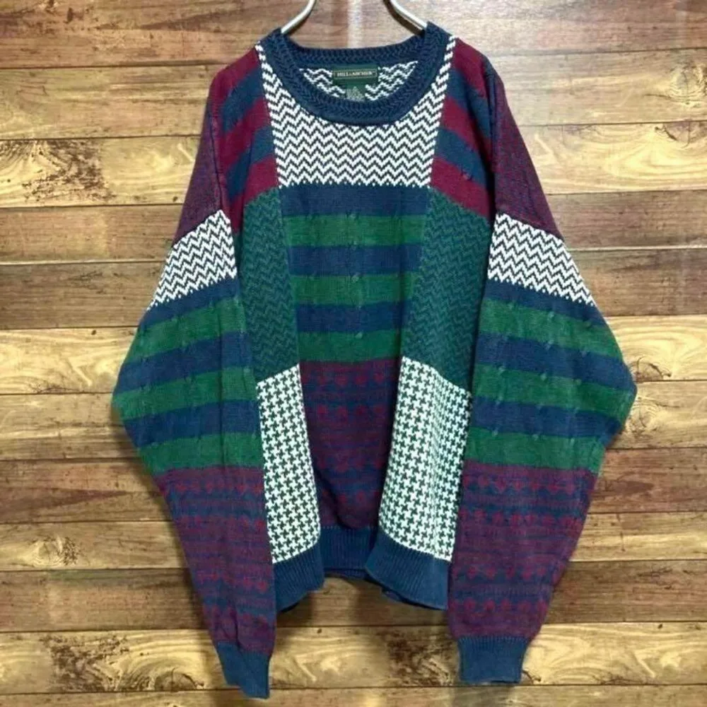 【オーバーサイズ】古着 ニットセーター 総柄 幾何学 レトロ XL マルチ