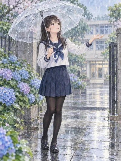 c2187_雨の日の校門 セーラー服の女子生徒 アジサイとビニール傘 水彩画風イ