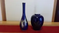 九谷焼 深川製磁 花瓶 2点セット 瑠璃 金彩