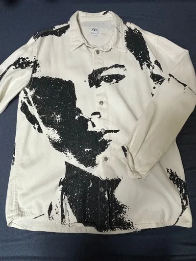 ZARA 長袖シャツ 総柄 ホワイト ブラック XL