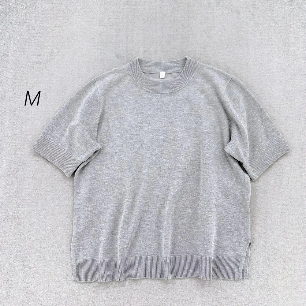半袖ニット サマーニット クルーネック レーヨン M グレー リブ編み