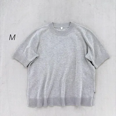 半袖ニット サマーニット クルーネック レーヨン M グレー リブ編み