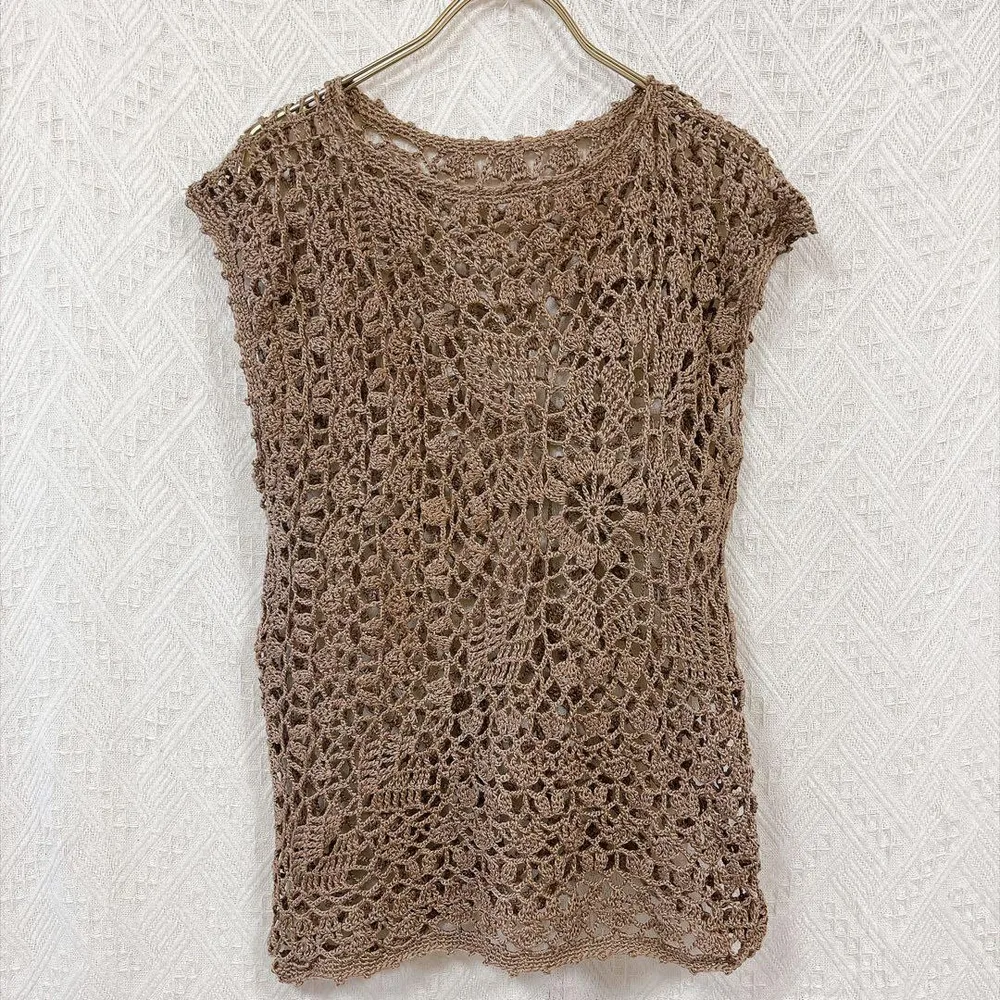 ハンドメイド ニットベストラウンドネックフレンチスリーブ 花柄 M茶春夏重ね着