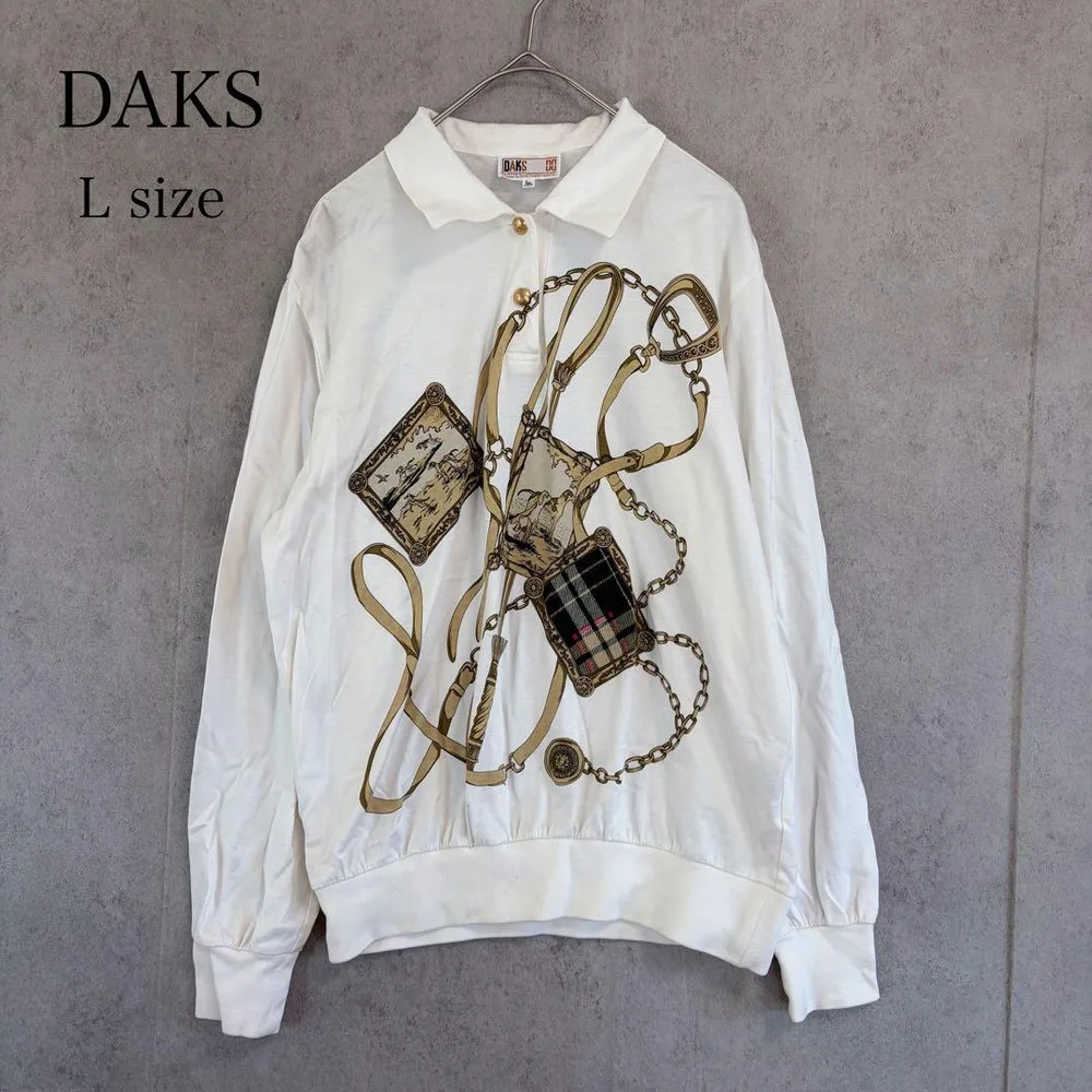 DAKS ダックス 長袖ポロシャツ L 白 スカーフ柄 ゴールドボタン 日本製
