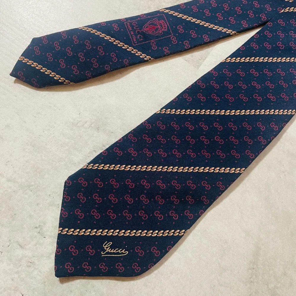 GUCCI グッチ ネクタイ GG柄 チェーン柄 ネイビー シルク 125