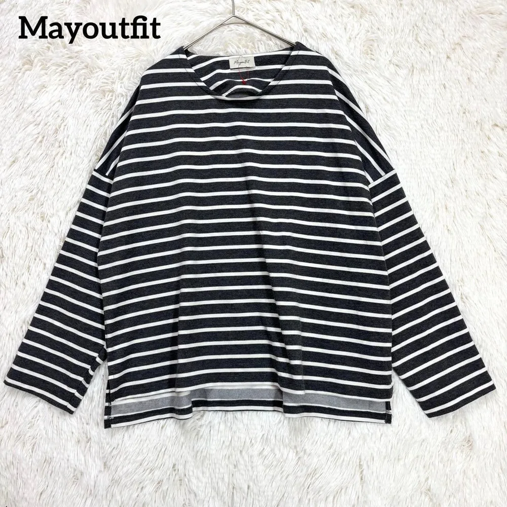 Mayoutfit カットソー ダークグレー ボーダー 長袖 スリット ゆったり