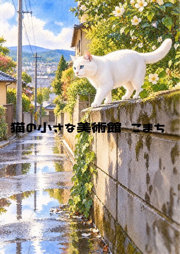 〈一枚限りの作品〉石垣の小径を歩く青い瞳の白猫