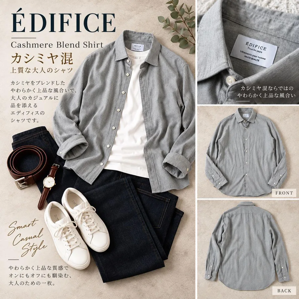 EDIFICE エディフィス 長袖シャツ グレー カシミヤ混 柔らかい生地 L