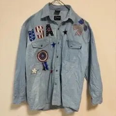 ゾダム デニムシャツ レギュラーカラー 長袖 ワッペン L 青 綿 普段使い