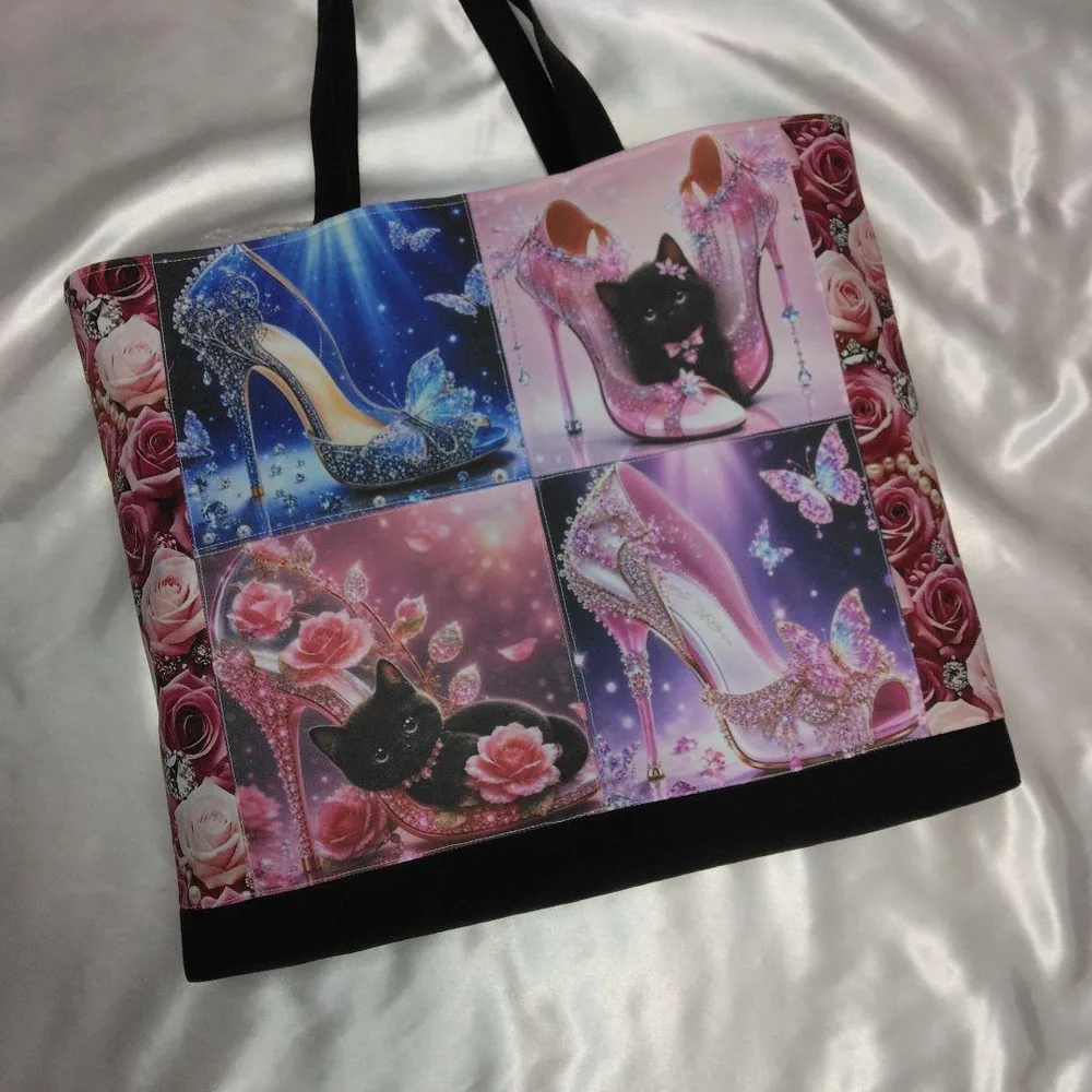 トート ハンドメイド 子猫(=^_^=)とハイヒール柄のトートバッグ パネル生地