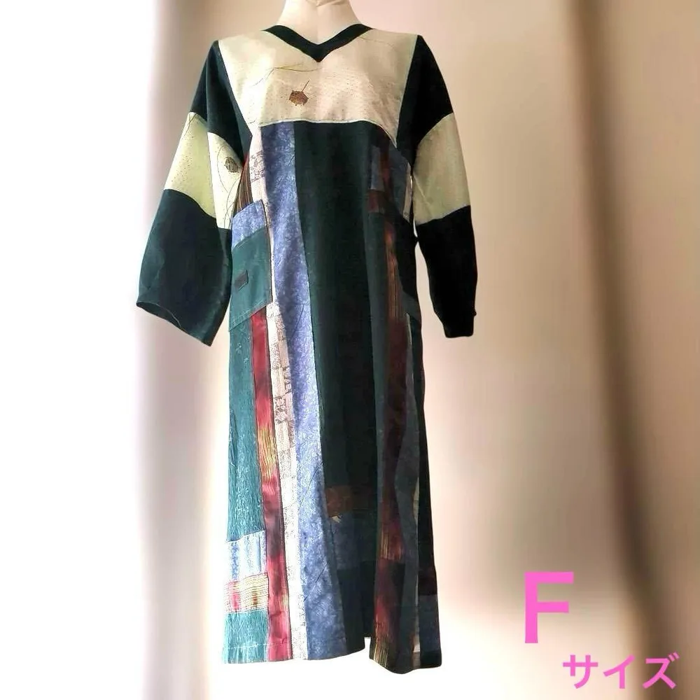【着物リメイク】パッチワーク ミモレ ワンピース Fサイズ