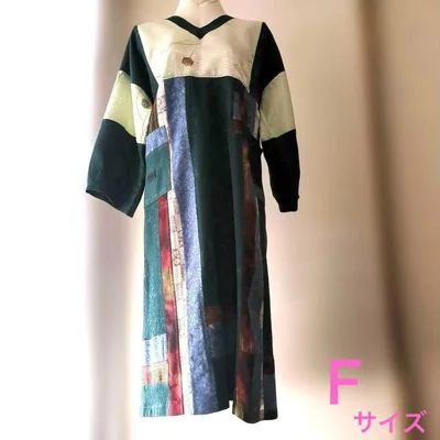 【着物リメイク】パッチワーク ミモレ ワンピース Fサイズ