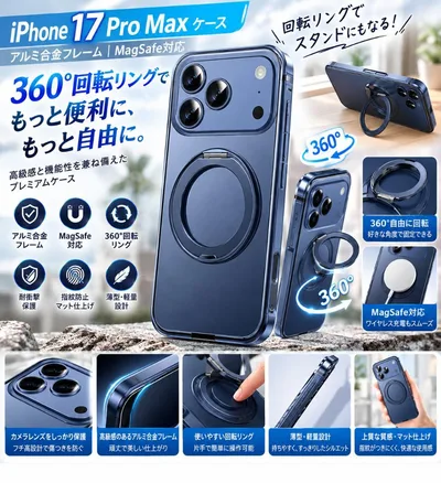 iPhone17 Pro Max ケース アルミ合金フレーム MagSafe対応
