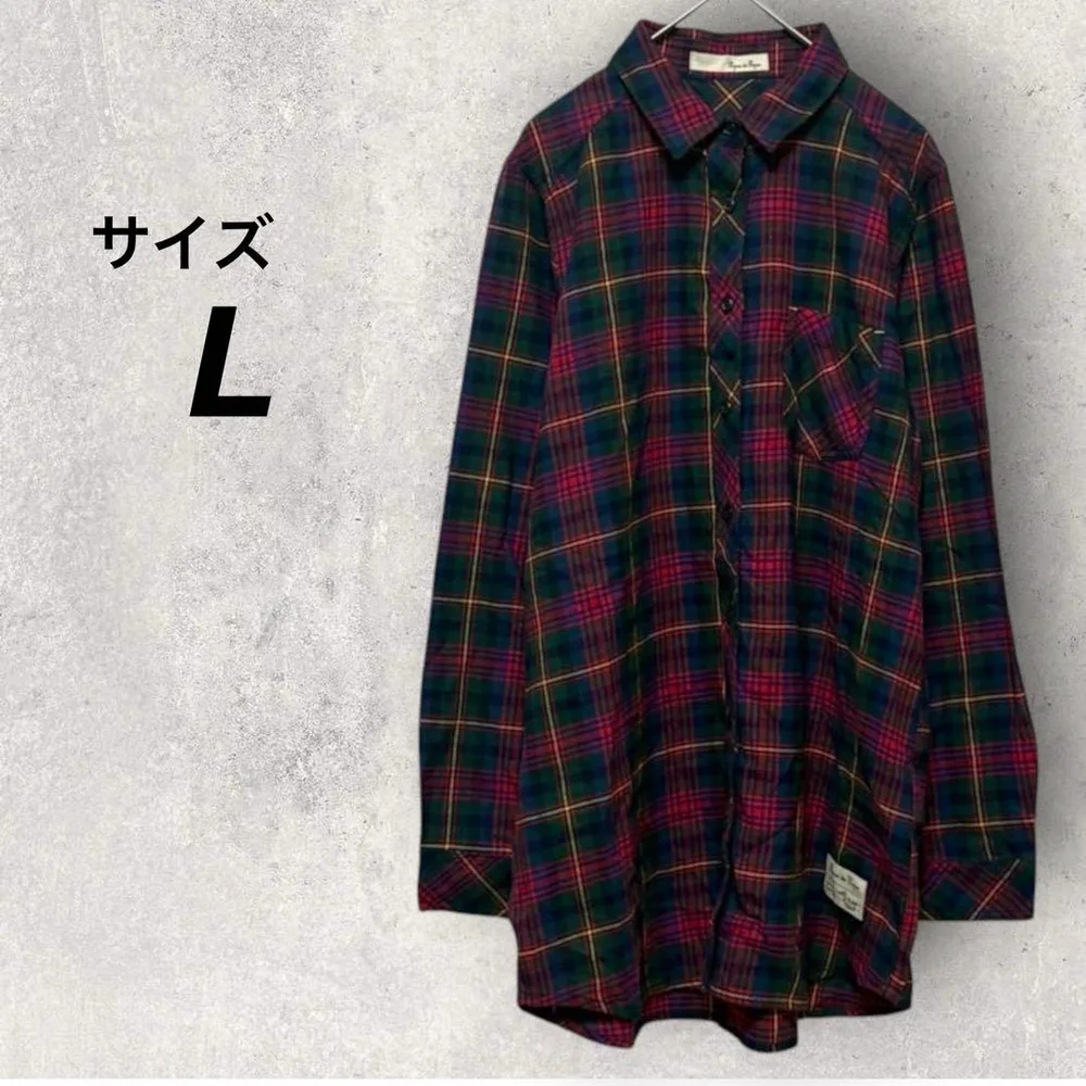 チェックシャツ 赤 緑 L 長袖 綿100% ネルシャツ カジュアル ワッペン