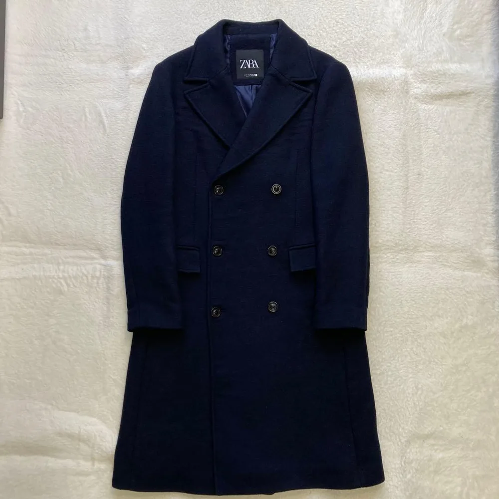 ✨美品✨ ZARA イタリア高級生地 ロングダブルチェスターコート ネイビー