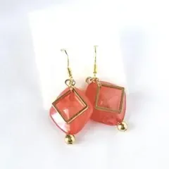 宝石のような ピアス ピンク マーブル ゴールド スクエア 大ぶり ハンドメイド