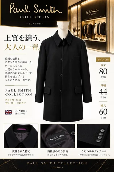 Paul Smith ポールスミス ステンカラーコート 黒 L ロングコート
