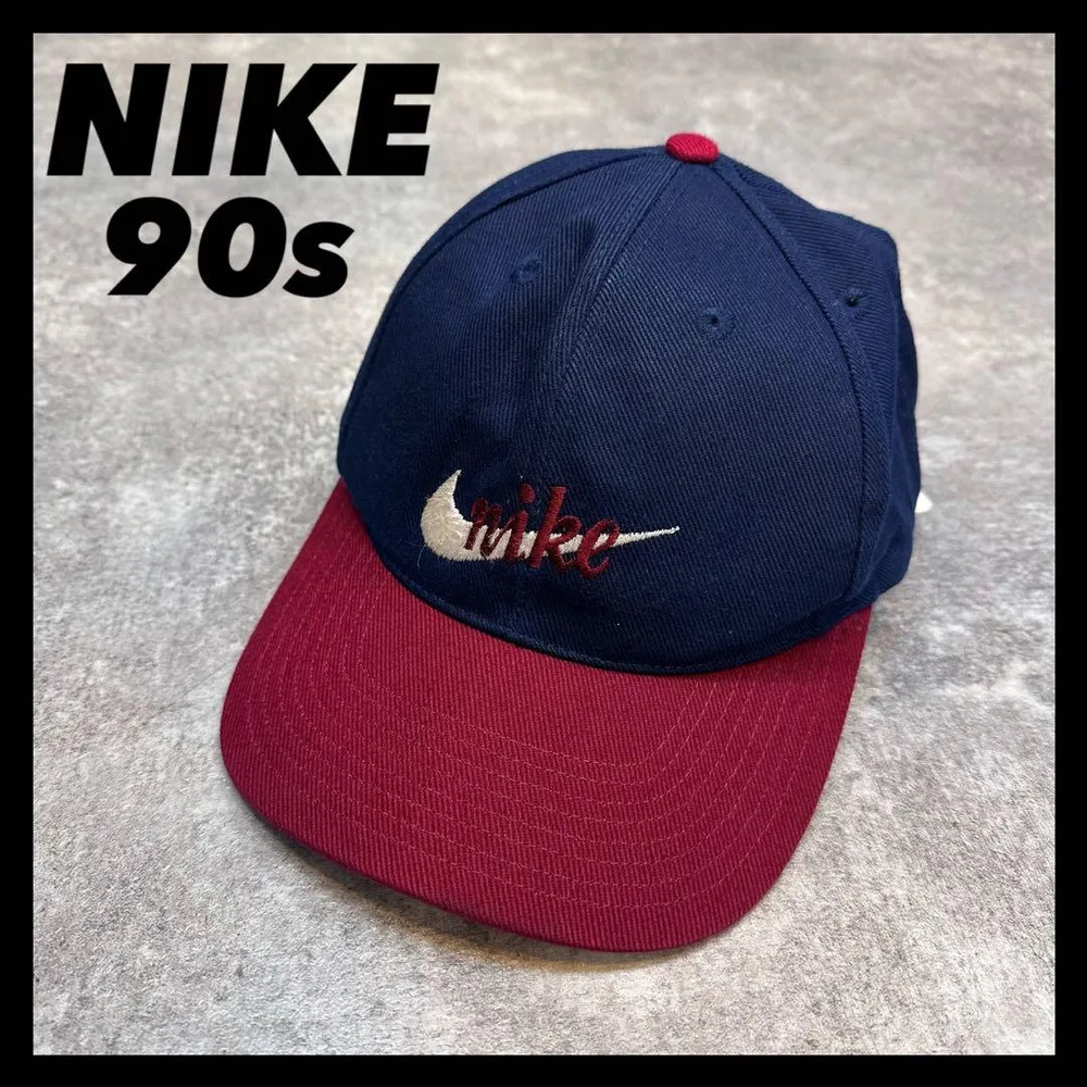 90s NIKE ナイキ キャップ 刺繍ロゴ ネイビー×バーガンディ