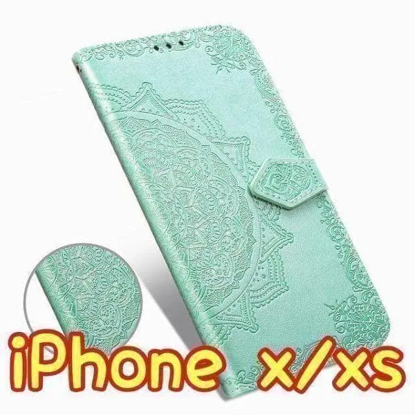iPhoneケース 手帳型 エンボス スマホケース X XS グリーン