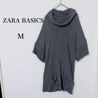 【新品タグ付】ザラ◇タートルネック 半袖チュニック ニットワンピース グレー M