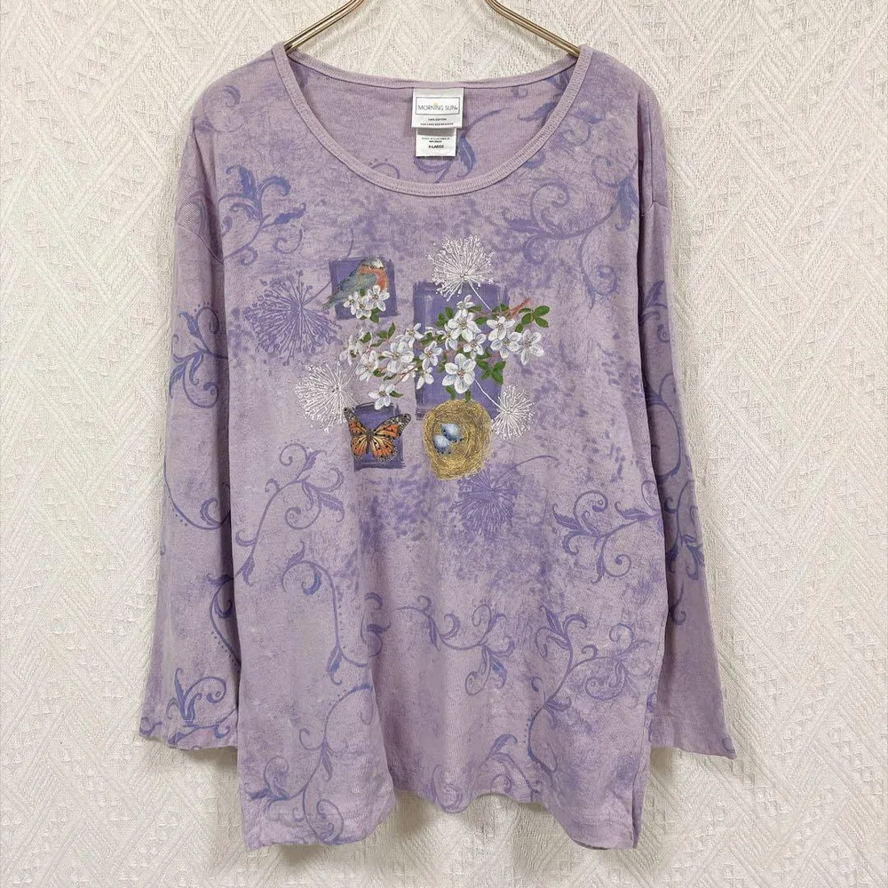 モーニングサン カットソー クルーネック 長袖 花柄 XL 紫 綿 デイリー
