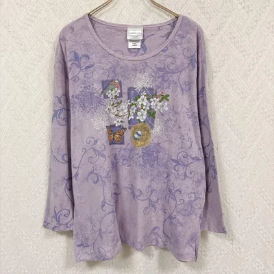 モーニングサン カットソー クルーネック 長袖 花柄 XL 紫 綿 デイリー