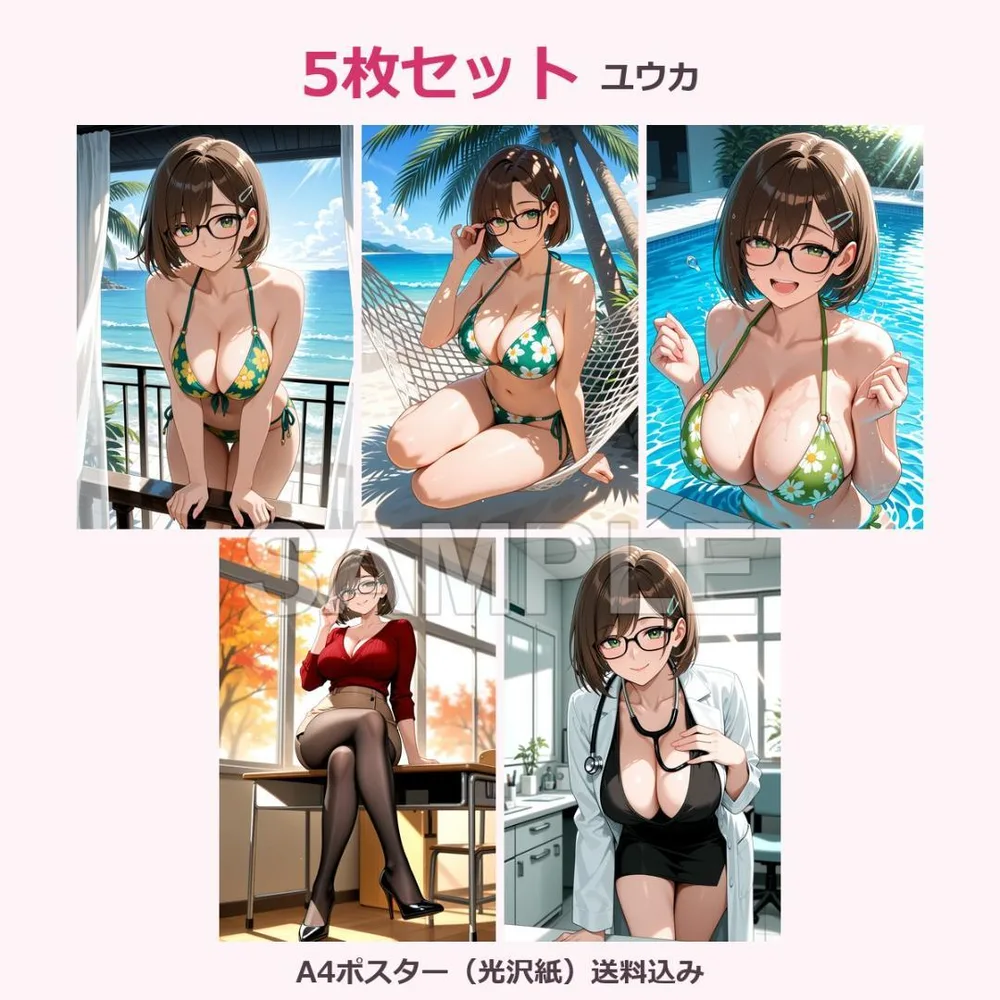 AI美女 A4ポスター 5枚セット 水着 私服 女教師 ユウカ N05-5