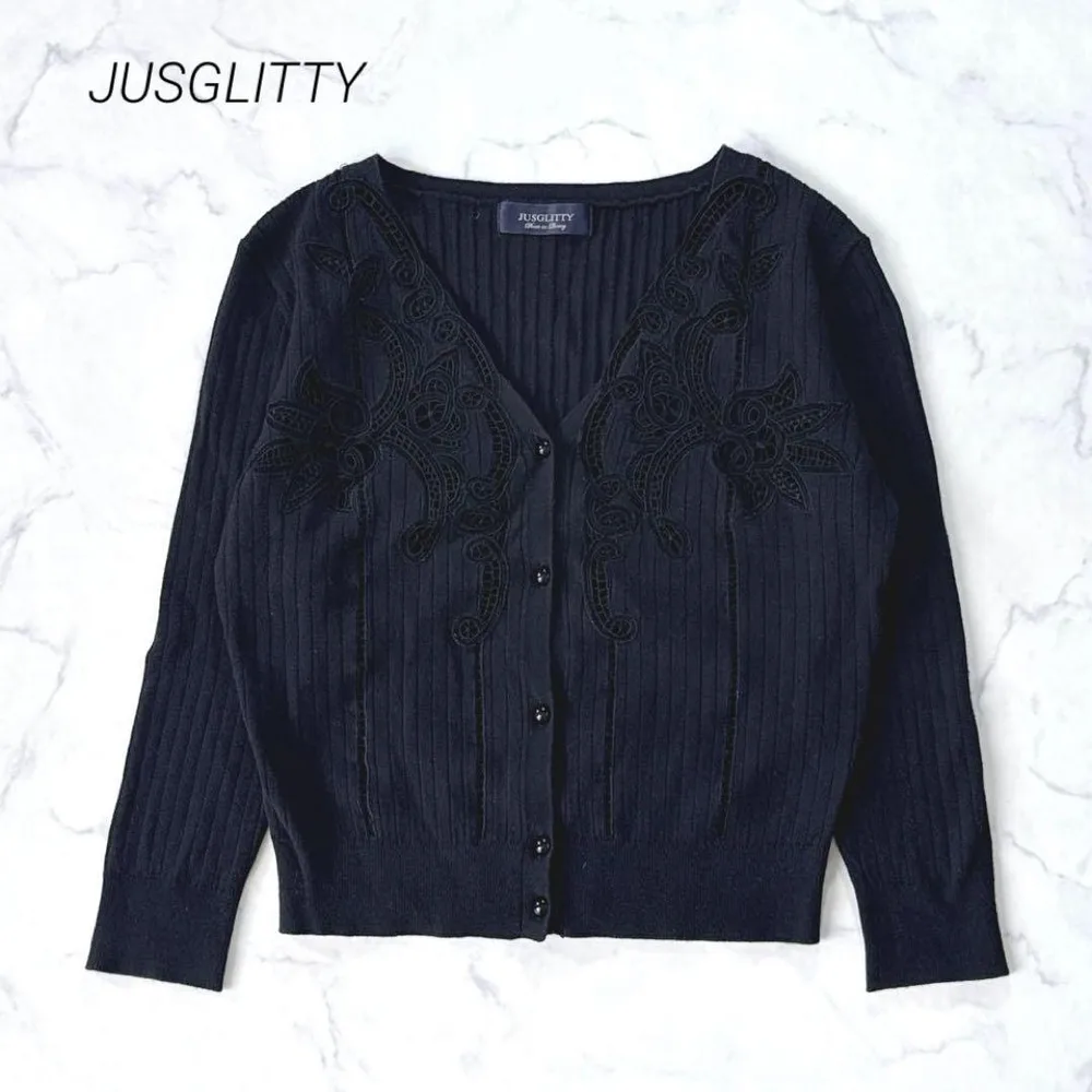 JUSGLITTY ジャスグリッティー カーディガン 刺繍レース 総柄 2 黒