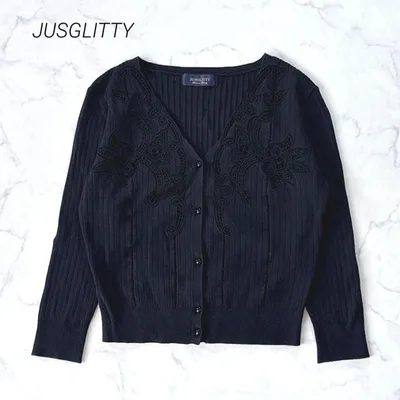 JUSGLITTY ジャスグリッティー カーディガン 刺繍レース 総柄 2 黒