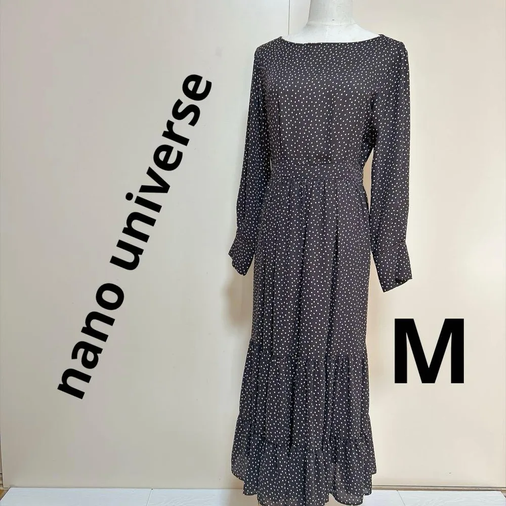 【美品】ナノユニバース ドット柄シフォンロングワンピース 38 M 長袖