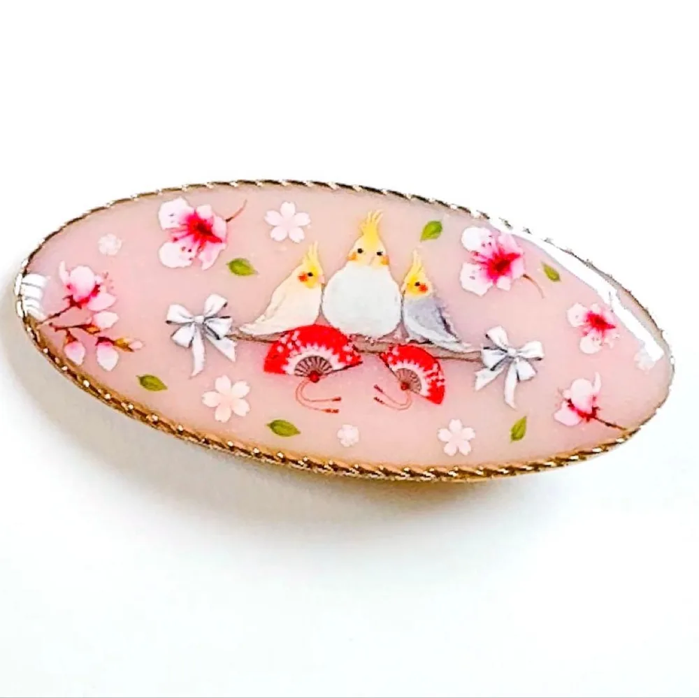オカメインコと桜のレジンヘアクリップ