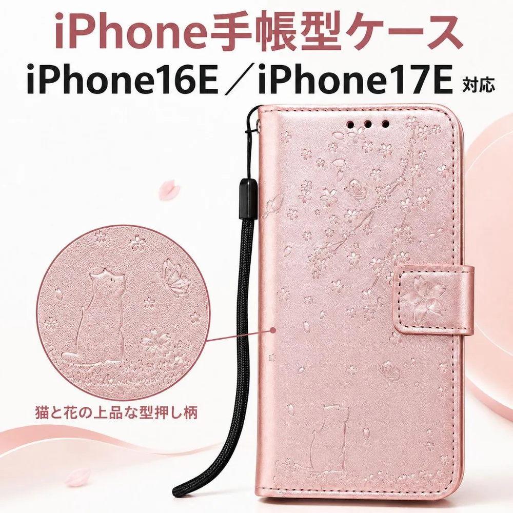 iPhone16E iPhone17E対応 手帳型ケース ローズゴールド 猫