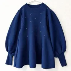 エルグナ パールビーズパフスリーブ ニット ネイビー ペプラム風 M相当