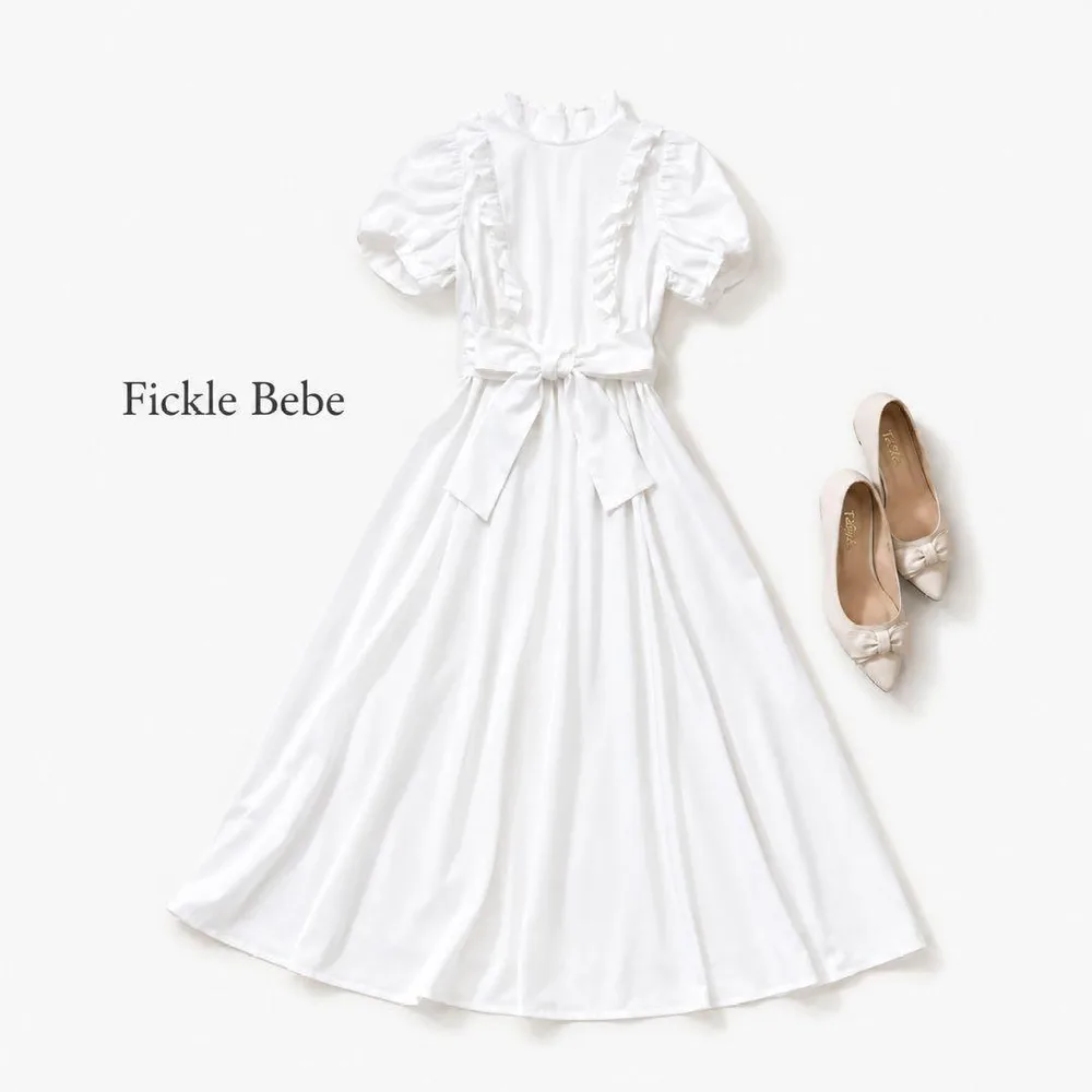 Fickel bebe ホワイト フリルロングワンピース ハイネック Aライン