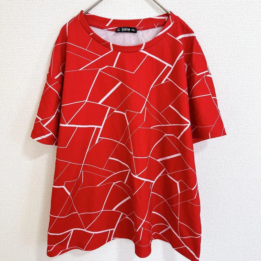 シーイン 幾何学模様 Tシャツ クルーネック 半袖 カットソー 0XL 赤 3L