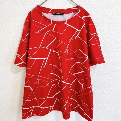 シーイン 幾何学模様 Tシャツ クルーネック 半袖 カットソー 0XL 赤 3L