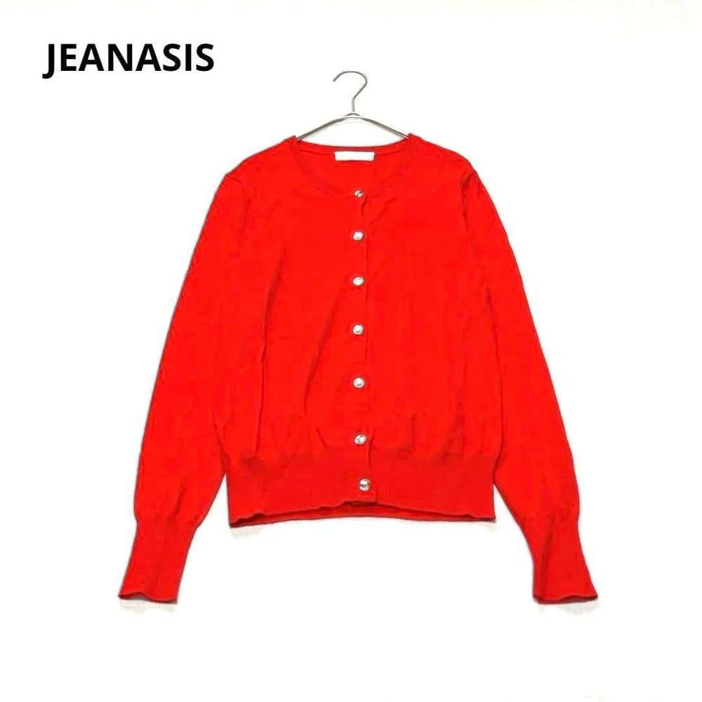 ジーナシス JEANASIS クルーネックニットカーディガン 長袖 レッド 赤