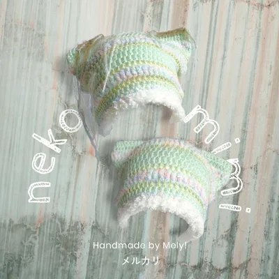 猫耳帽子 ニット帽 フェアリーコア フェアリーグランジ ハンドメイド♡緑ミント