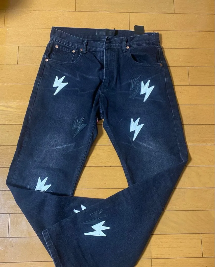 【Amexnocap】デニムパンツ ブラック ライトニング刺繍