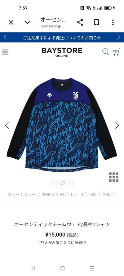 横浜DeNAベイスターズ オーセンティックロンT(Lサイズ)