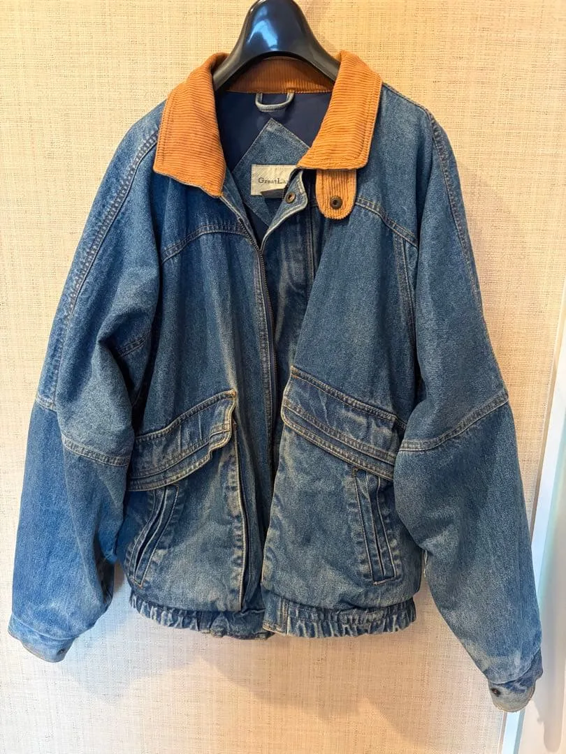 90s GREATLAND デニムジャケット コーデュロイ襟 ジップ ブルー M