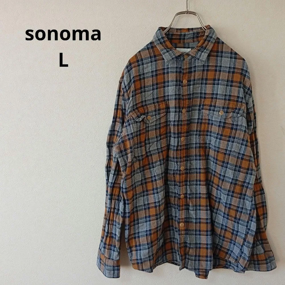 USA古着 SONOMA ネルシャツ チェック柄 長袖 ブラウン グレー L