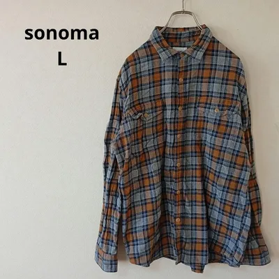 USA古着 SONOMA ネルシャツ チェック柄 長袖 ブラウン グレー L