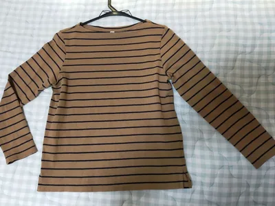 UNIQLO ボーダー ボートネック長袖カットソー ブラウン M